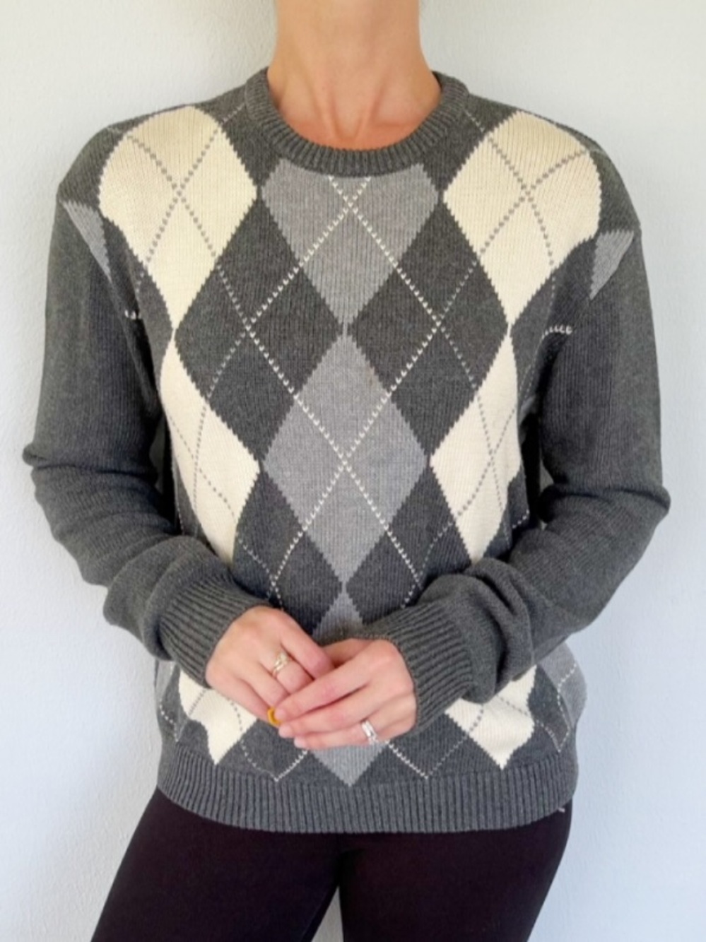 John Galt Brandy Melville gray cream argyle print crewneck cotton sweater medium
